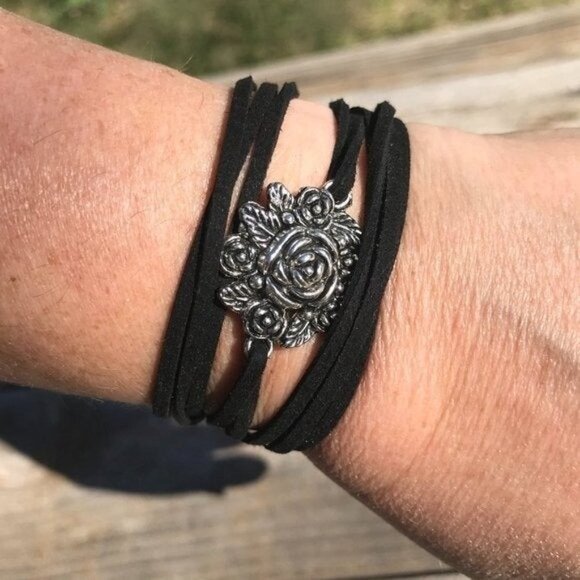 Tie Wrap Floral Rose Silver Bracelet Cuff Yoga Boho Biker Vegan Faux Leather - Picture 7 of 11